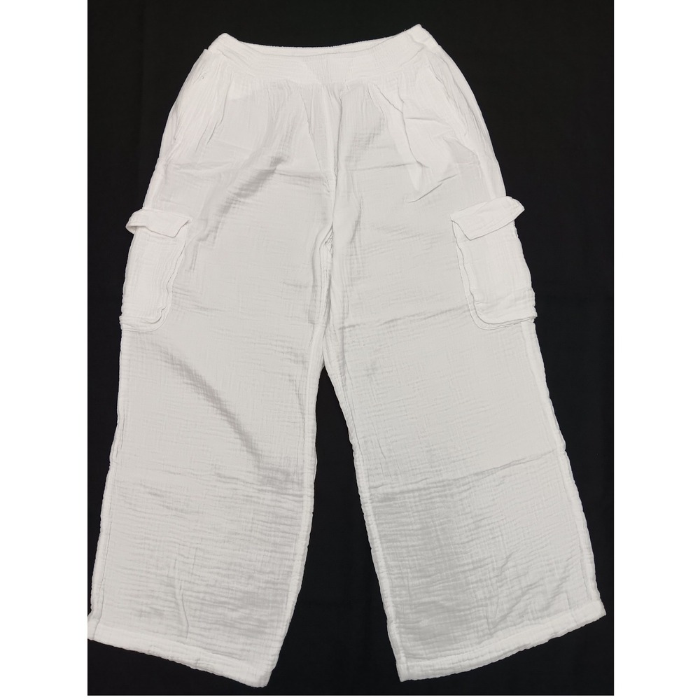 Aerie White Gauze Wide Leg Cargo Pants Large Long Elastic Waist Textured Pull On